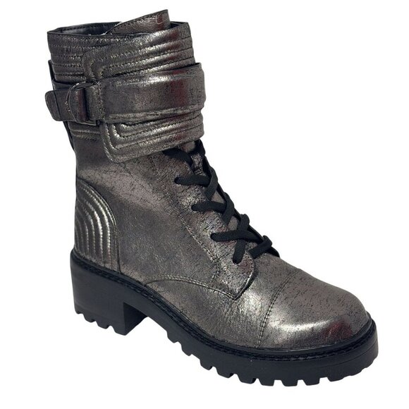 DKNY / Basia Combat /  Metallic / Boots With Side Zipper & Buckle Straps / Ancle - Picture 2 of 9